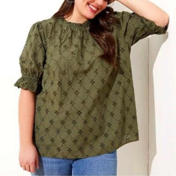 LOFT Olive Eyelet Puff Sleeve Top - Picture 1 of 5